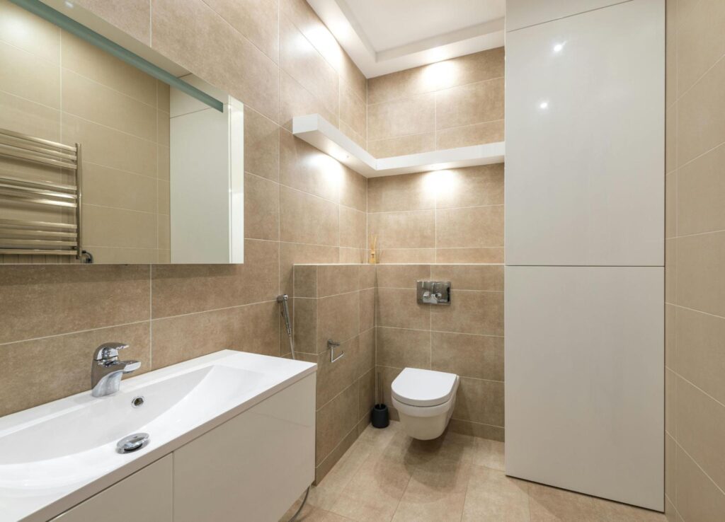 a well lit bathroom for the elderly with motion sensors for improved safety