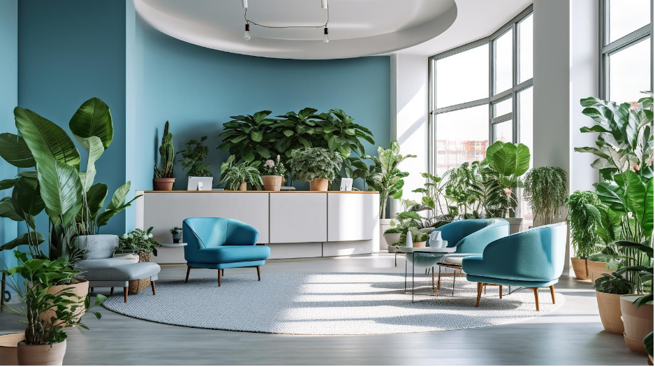 10 Steps to a Successful Remodel of Your Office Space 4 Finished renovated office space with bright colours and lots of plants