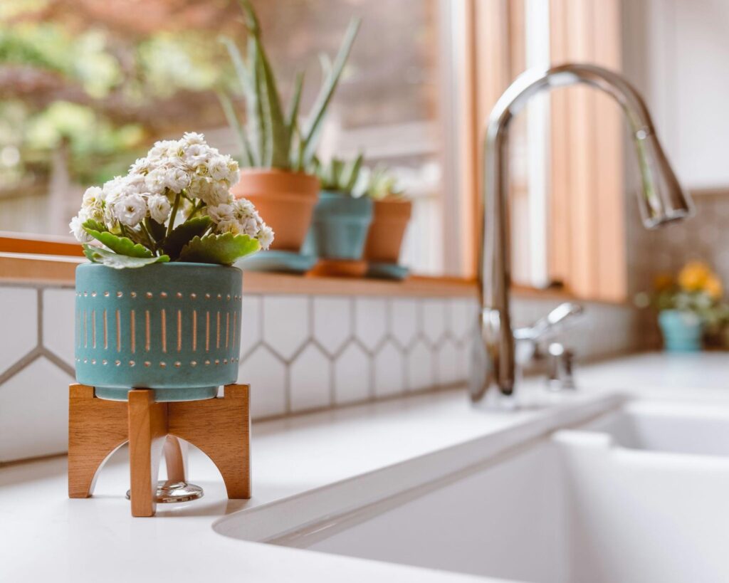 a flower in front of a newly installed kitchen faucet by IVCG renovations