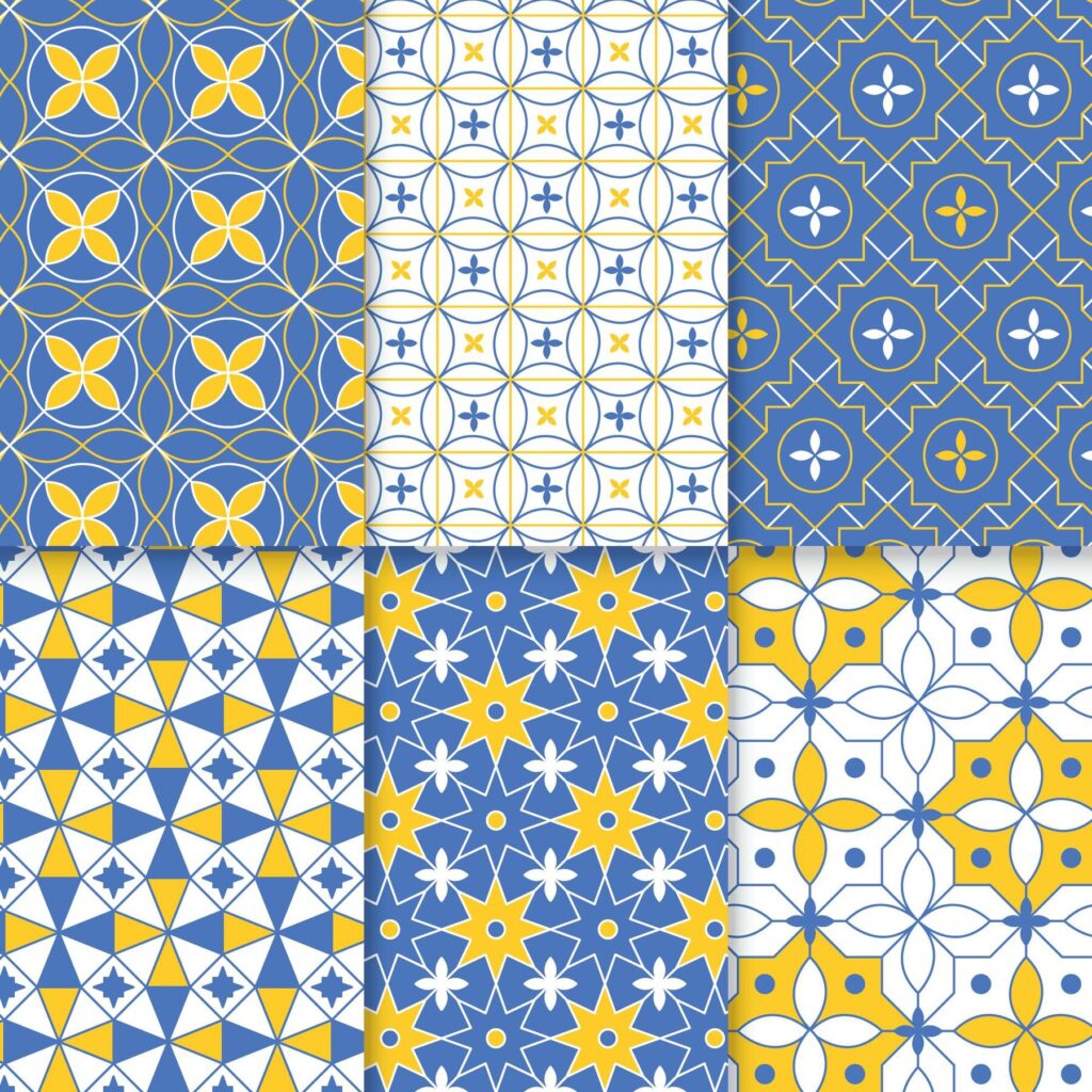 tiles in blue yellow and white colours with different pattern