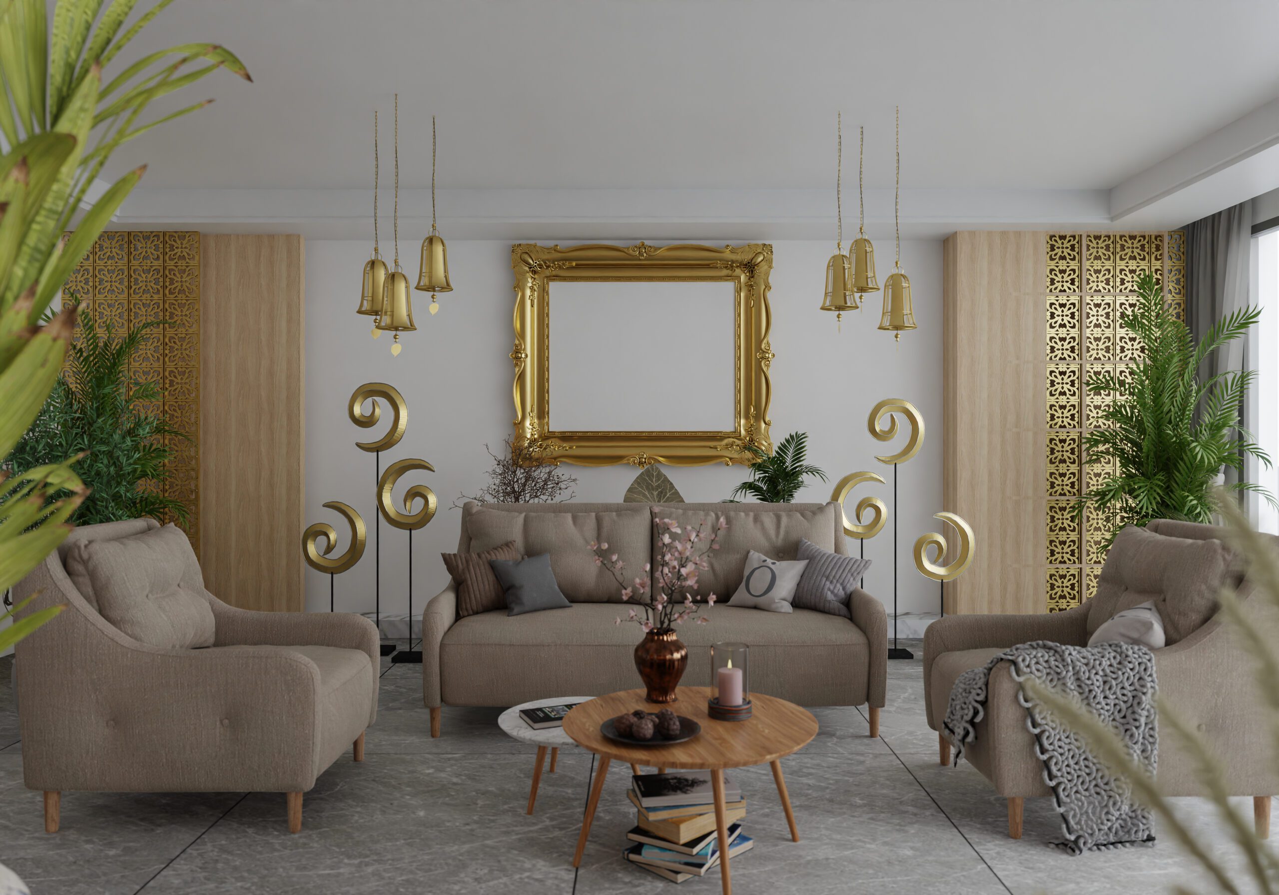 Interior Renovations 8 3D illustration, Mockup photo frame on the wall of living room, Interior of comfortable with luxury sofa and beautiful furniture, rendering