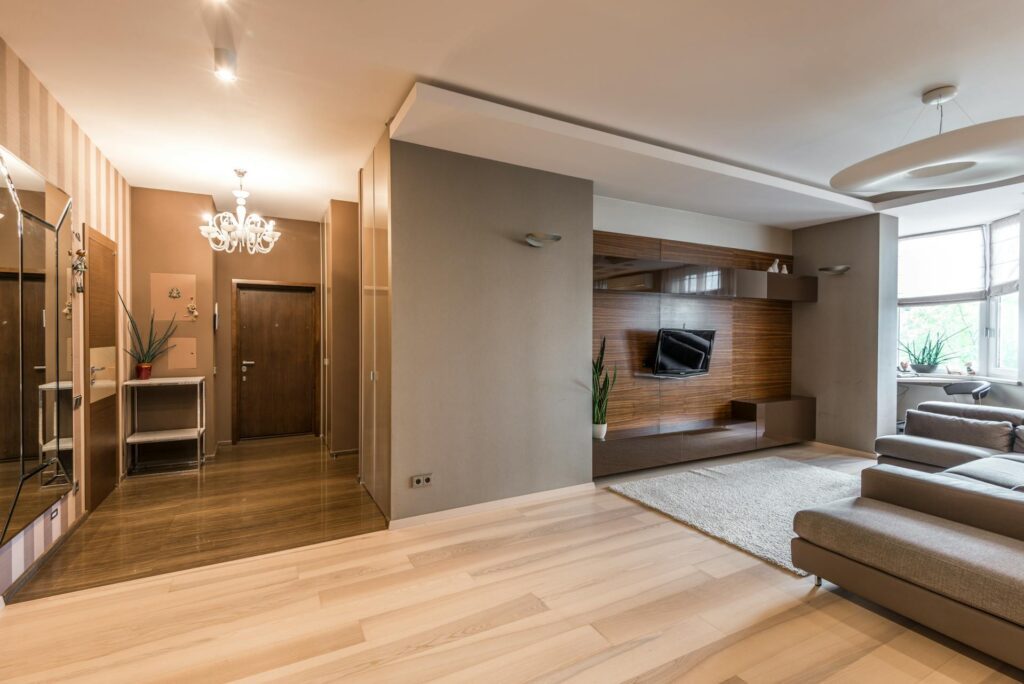 Decorative wall panelling behind a TV