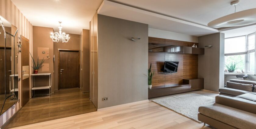 Decorative wall panelling behind a TV