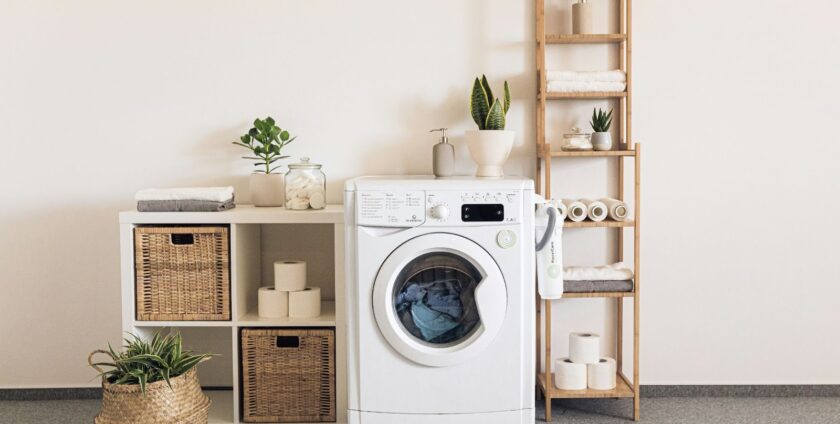 A washing machine surrounded with shelves with home supplies
