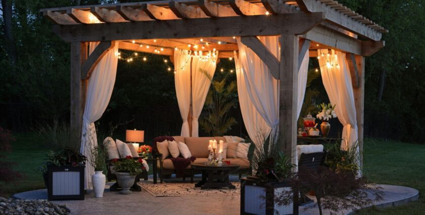 Beautiful patio design with a pergola, flowwing curtains, comfy furniture and lights