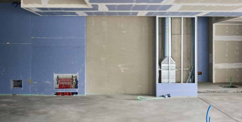 A big room during renovations with drywall installed