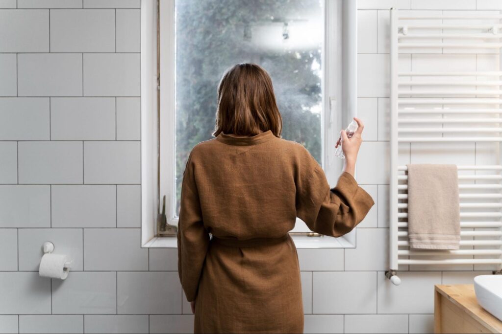 Bathroom Ventilation Requirements in Ireland and the UK 3 woman in a bathroom in front of a window.